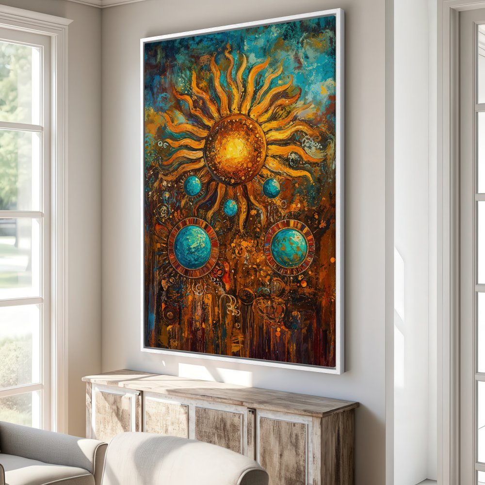Framed Wall Art: Abstract sunburst design canvas print in warm orange, blue, and brown tones. Perfect for adding a vibrant touch to your home decor.