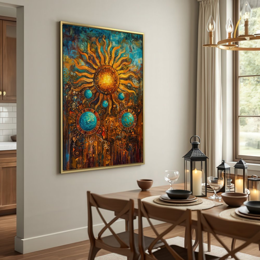 Canvas Print featuring a vibrant sun and planetary design in warm orange and blue tones. Perfect for adding artistic flair!