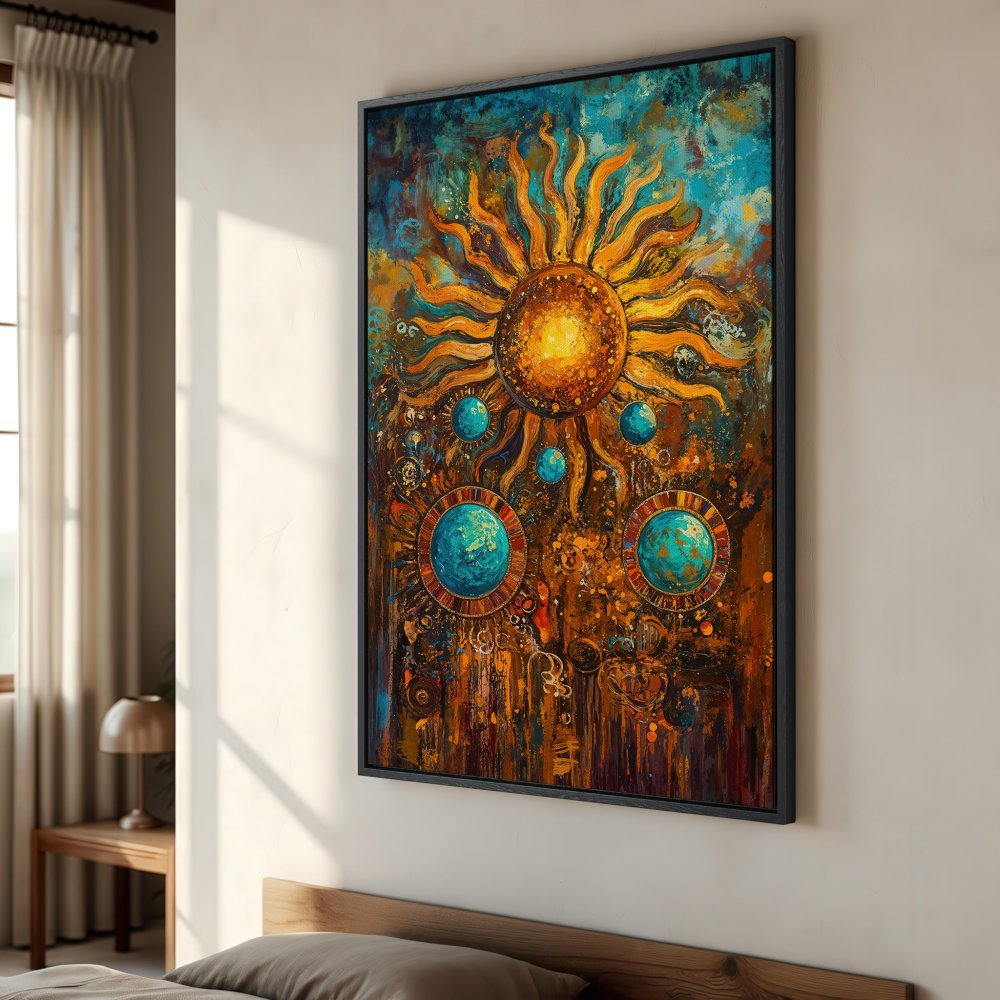 Framed Wall Art: Abstract sun painting in warm orange, teal, and blue tones. Adds a touch of bohemian style to any room.