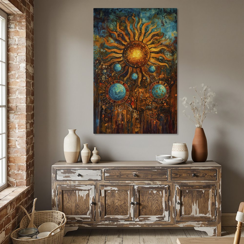 Framed Wall Art: Abstract sunburst canvas print in warm orange, teal, and blue hues. Adds a vibrant, artistic touch to any dining room.