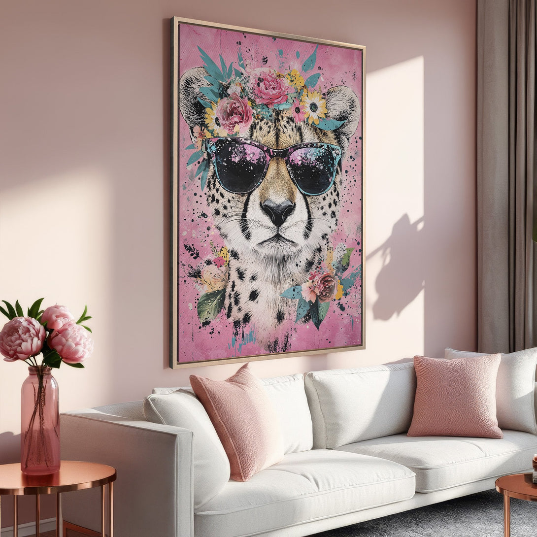 Framed Wall Art: Cool cheetah portrait with sunglasses, floral crown, and pink background. Modern art in a pink and neutral color palette. Perfect home decor!