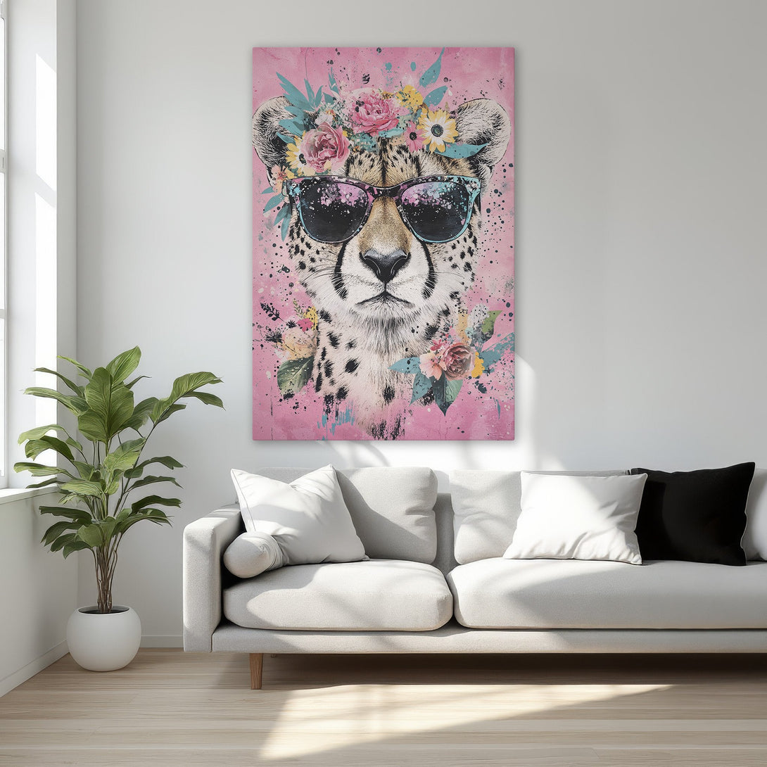 Framed Wall Art: Cool cheetah portrait with floral crown, sunglasses, and pink background. Modern art for a stylish bedroom.