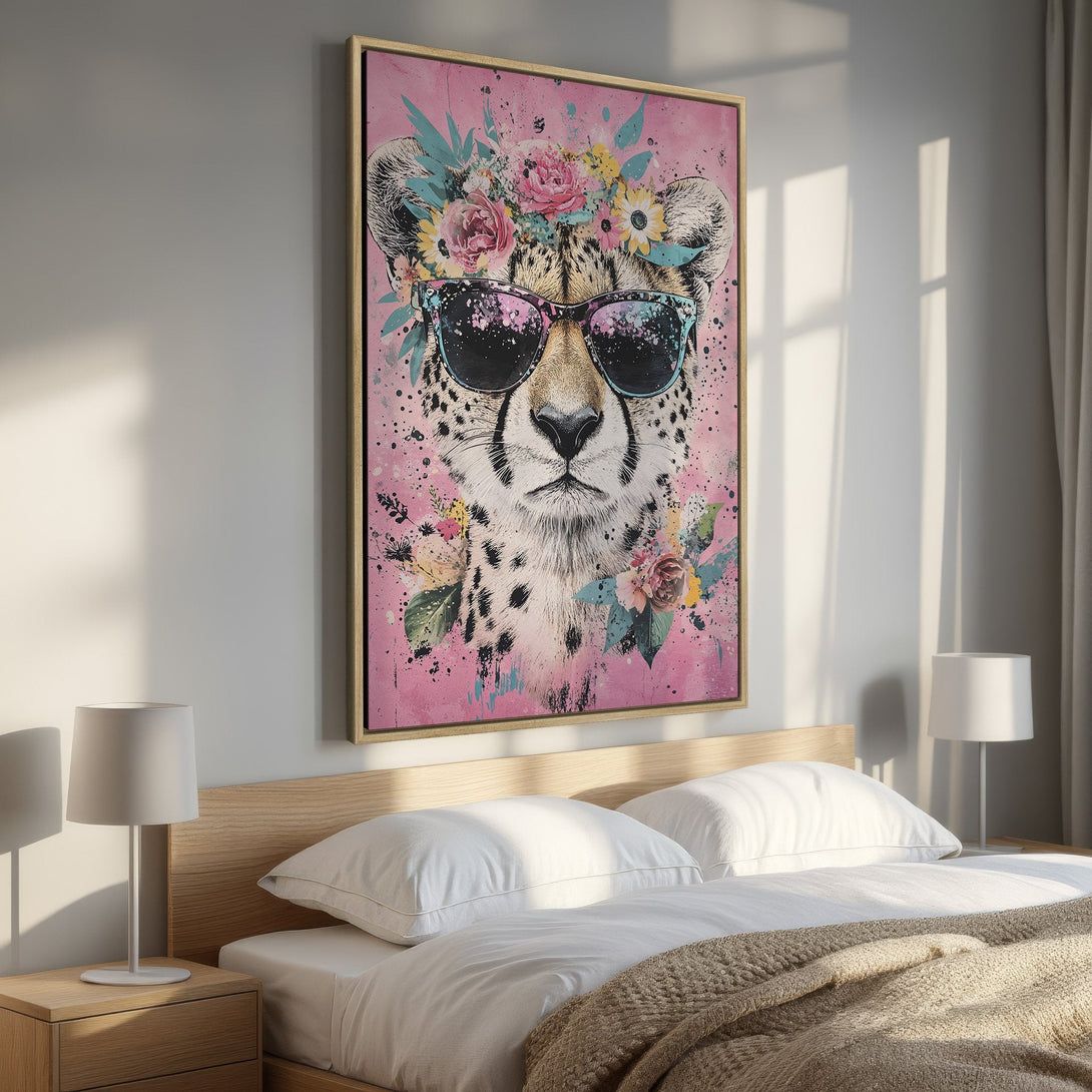Framed Wall Art featuring a cool cheetah wearing sunglasses and floral crown, vibrant pink and teal color palette. Perfect for bedroom decor.