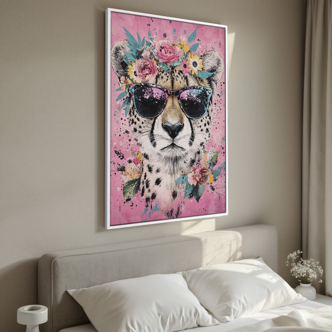 Framed Wall Art: Cool cheetah with sunglasses and floral crown, vibrant pink & teal color palette. Modern art for bedroom decor.