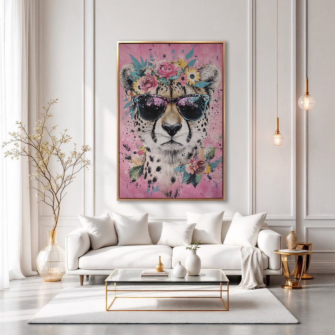 Framed Wall Art: Cheetah in sunglasses with floral crown, modern art style, pink and teal color palette, perfect for living room decor.