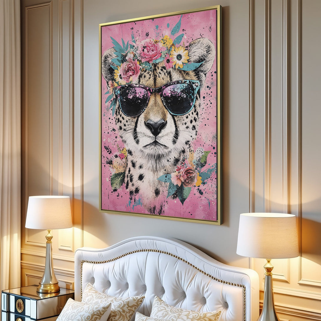 Canvas Print of a stylish cheetah wearing sunglasses and a floral crown, on a pink background. Modern art with a vibrant, colorful palette.