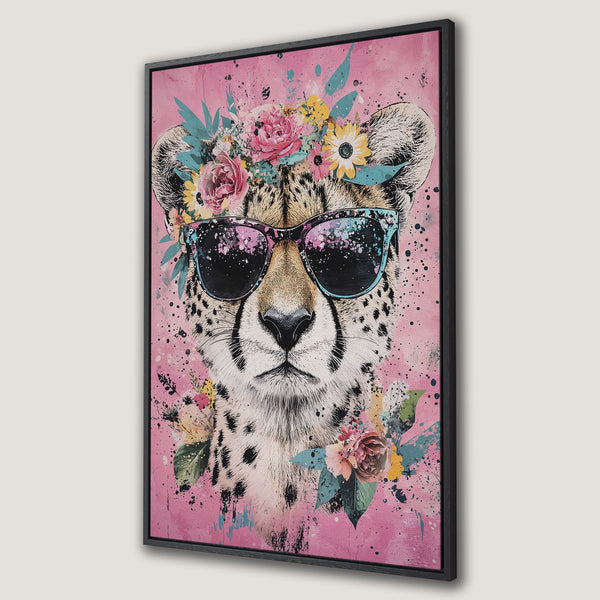 Framed Wall Art: Cool cheetah portrait with floral crown & sunglasses. Pop art style, pink & colorful palette. Add a touch of fun to your space!