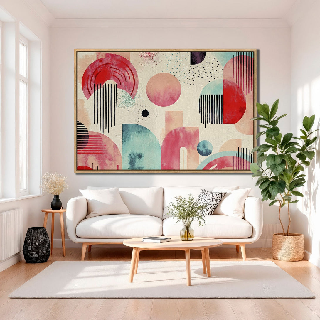 Framed Wall Art featuring abstract geometric design in red, teal, and blush tones. Modern art canvas print perfect for living room decor.