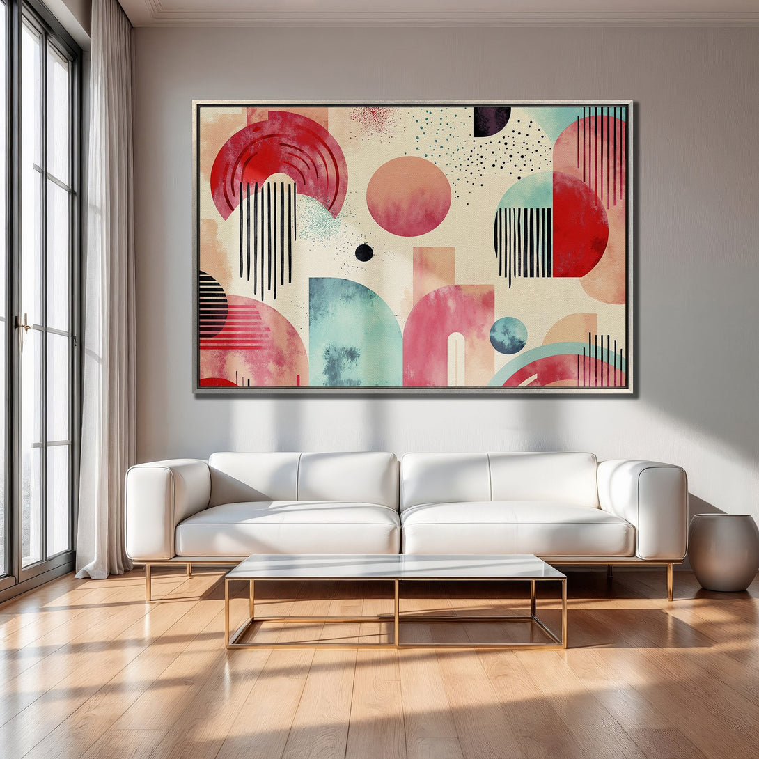 Framed Wall Art: Modern abstract art Canvas Print with geometric shapes in red, pink, and teal. Stylish interior decor with a neutral color palette.
