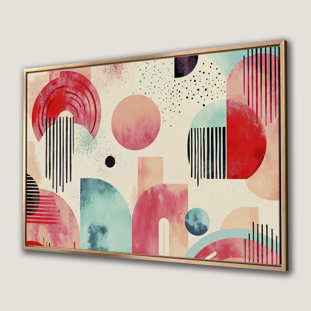 Framed Wall Art: Abstract geometric Canvas Print in red, blue, and peach tones. Modern art for your home decor. Shop now!