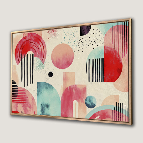 Framed Wall Art: Abstract geometric Canvas Print in red, blue, and peach tones. Modern art for your home decor. Shop now!