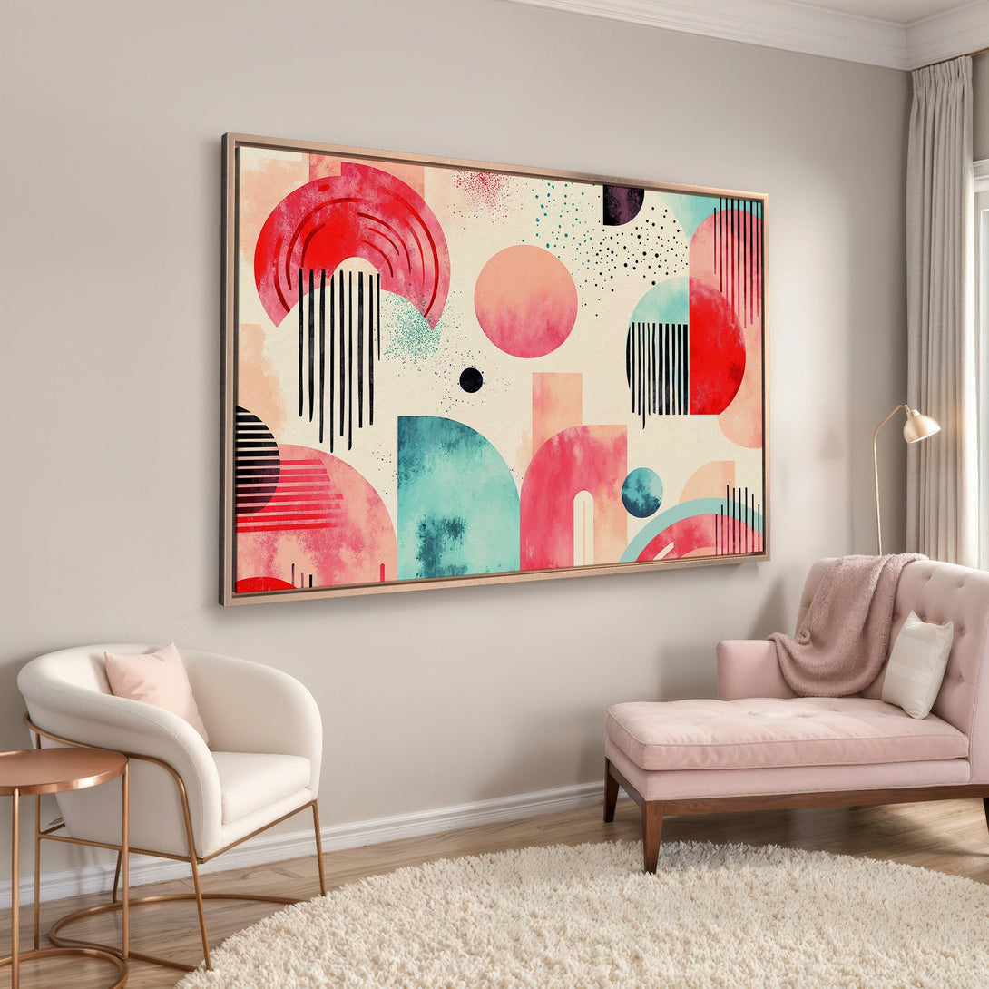 Framed Wall Art featuring abstract geometric shapes in red, teal, and blush tones. Modern art for your home decor.
