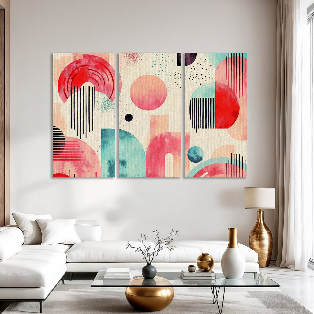 Canvas Print abstract art in red, teal, and peach tones. Modern geometric design for stylish wall decor.