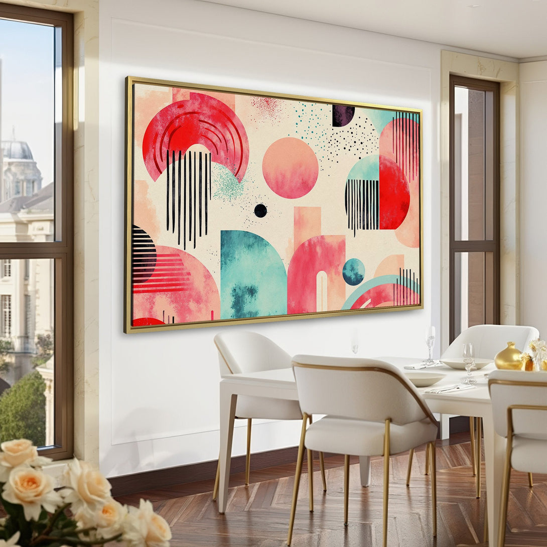Abstract Canvas Print with geometric shapes in red, pink, and teal. Modern wall art for a stylish home.