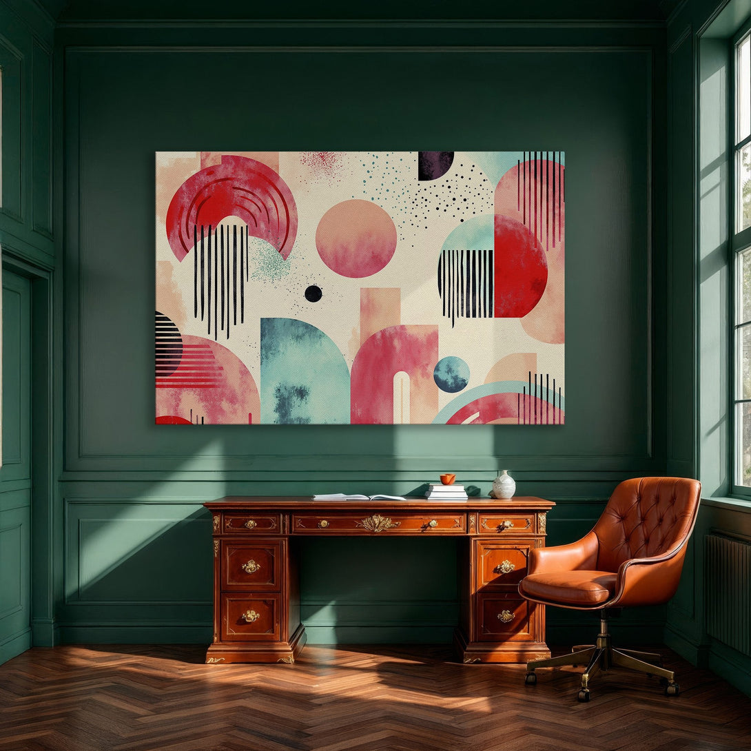 Framed Wall Art: Modern abstract Canvas Print with geometric shapes in red, teal, and pink. Perfect for dining room decor.