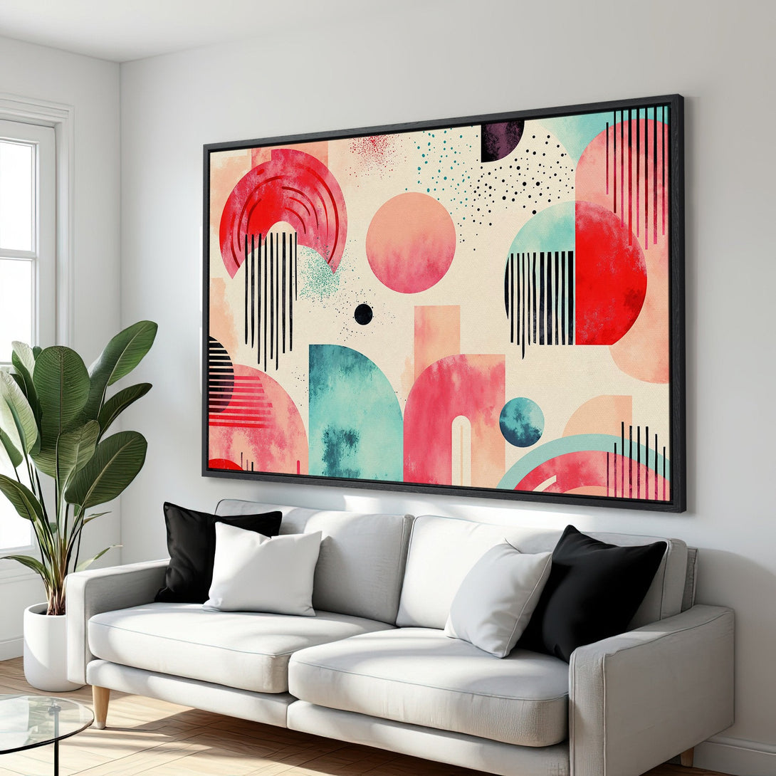 Framed Wall Art: Modern abstract art canvas print in red, teal, and blush tones. Perfect for adding a pop of color to your living room!