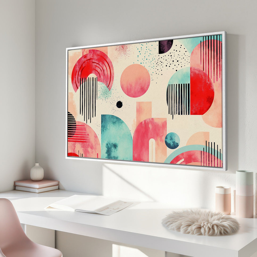 Framed Wall Art: Abstract geometric design in red, teal, and peach. Modern art for your home.