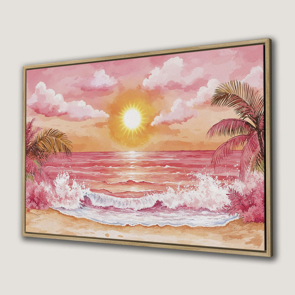 Canvas Print of a watercolor sunset beach scene with palm trees, featuring a pink and orange color palette.