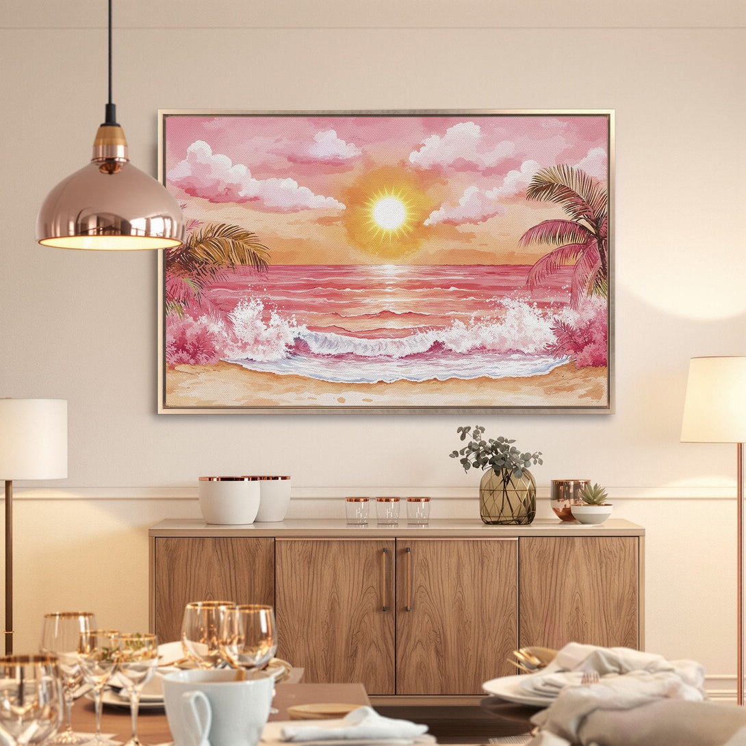 Framed Wall Art: Sunset beach scene in pink and orange hues. Coastal art print for a relaxing atmosphere. Perfect for your home decor!