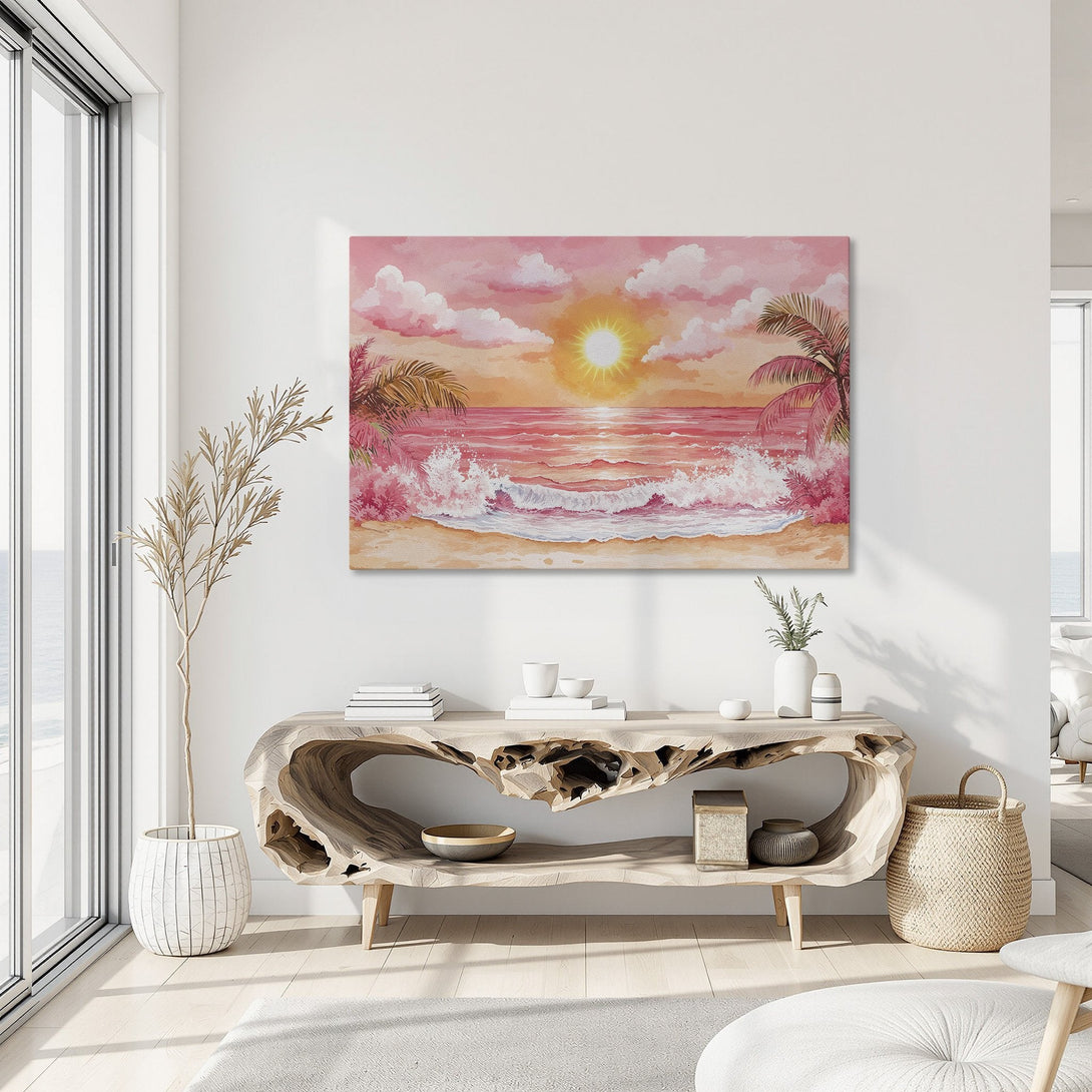 Framed Wall Art: Tropical beach sunset Canvas Print in pink and orange hues. Coastal art for a serene, stylish interior.
