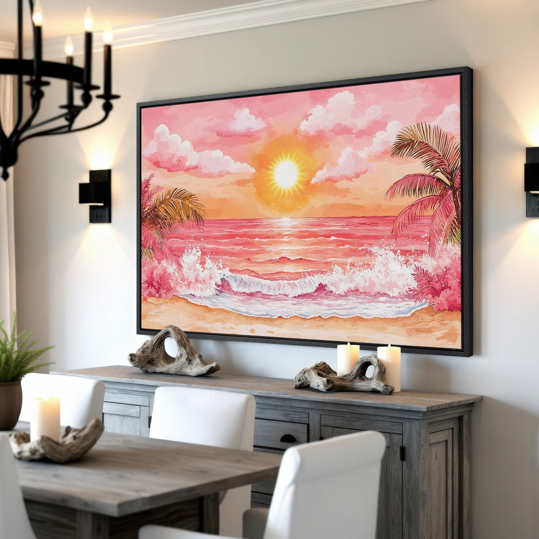 Framed Wall Art: Watercolor beach scene in pink and orange hues. Coastal art perfect for a serene living room or dining area.