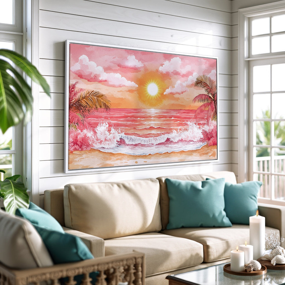 Framed Wall Art: Watercolor beach scene with sunset in pink and orange hues. Coastal art print adds a touch of serenity to any space.