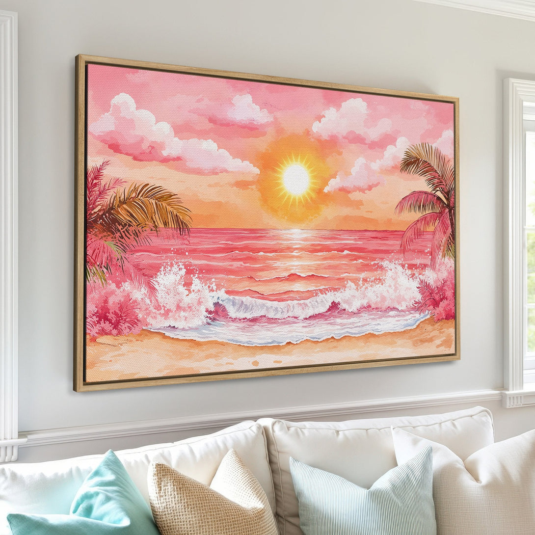 Framed Wall Art: Watercolor sunset beach scene in pink and orange hues. Coastal decor Canvas Print adds a touch of serenity to any space.