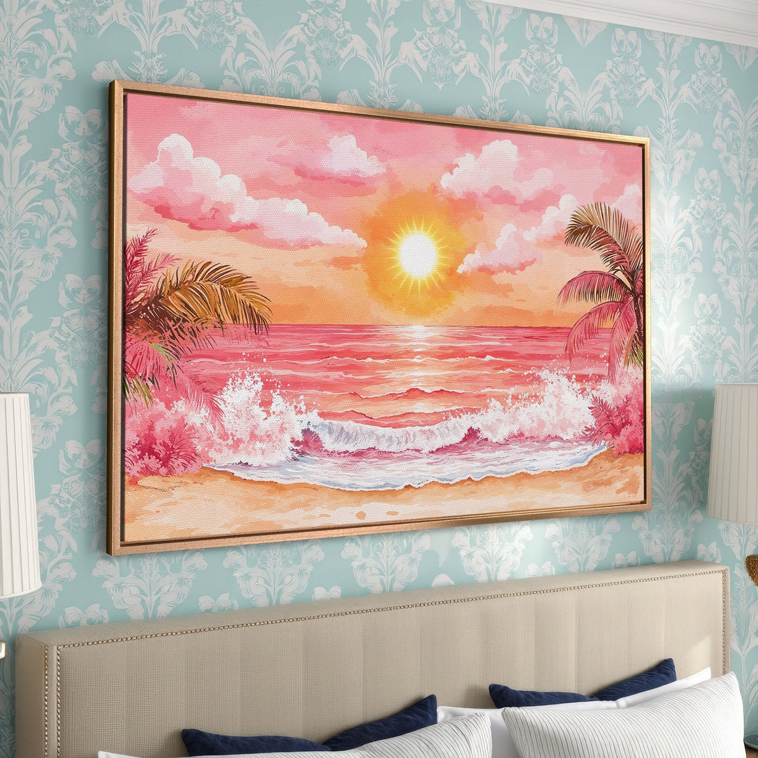 Framed Wall Art: Tropical beach scene Canvas Print in pink and orange hues. Coastal artwork with sunset and palm trees, perfect for bedroom decor.