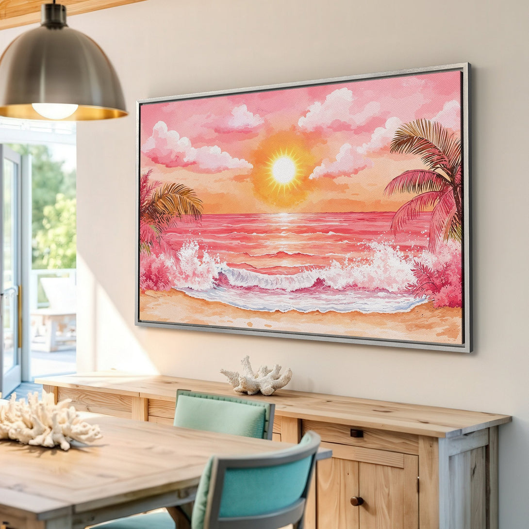 Framed Wall Art: Watercolor beach scene in pink & orange hues. Coastal sunset Canvas Print adds a touch of paradise to your home decor!