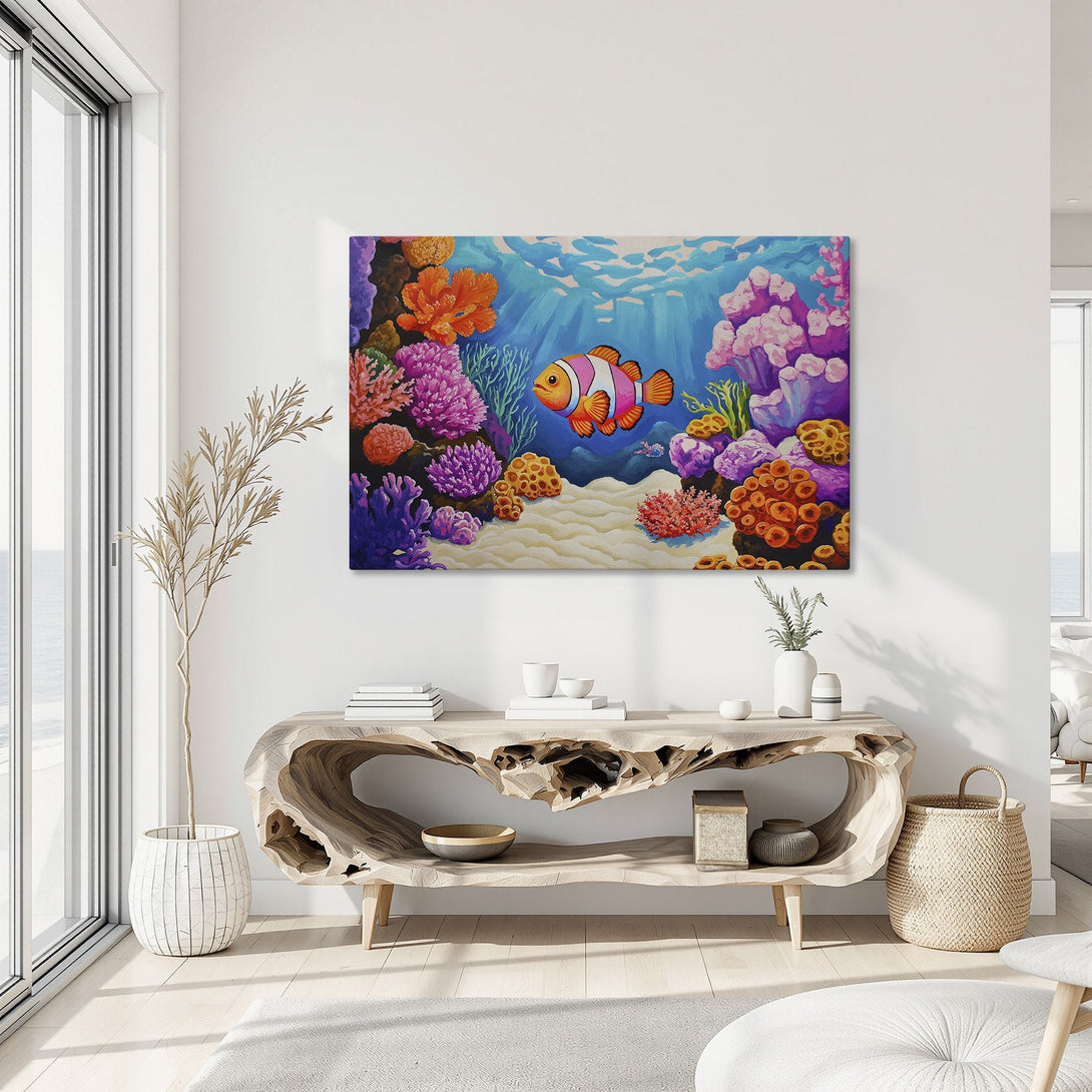 Framed Wall Art featuring a vibrant clownfish painting in a colorful underwater scene. Bright blues, oranges, and purples create a stunning focal point.