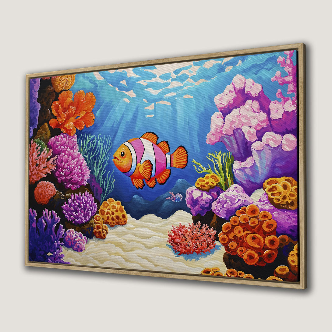Framed Wall Art: Whimsical underwater scene with a clownfish, vibrant coral, & a blue & orange color palette. Perfect for adding a splash of color!