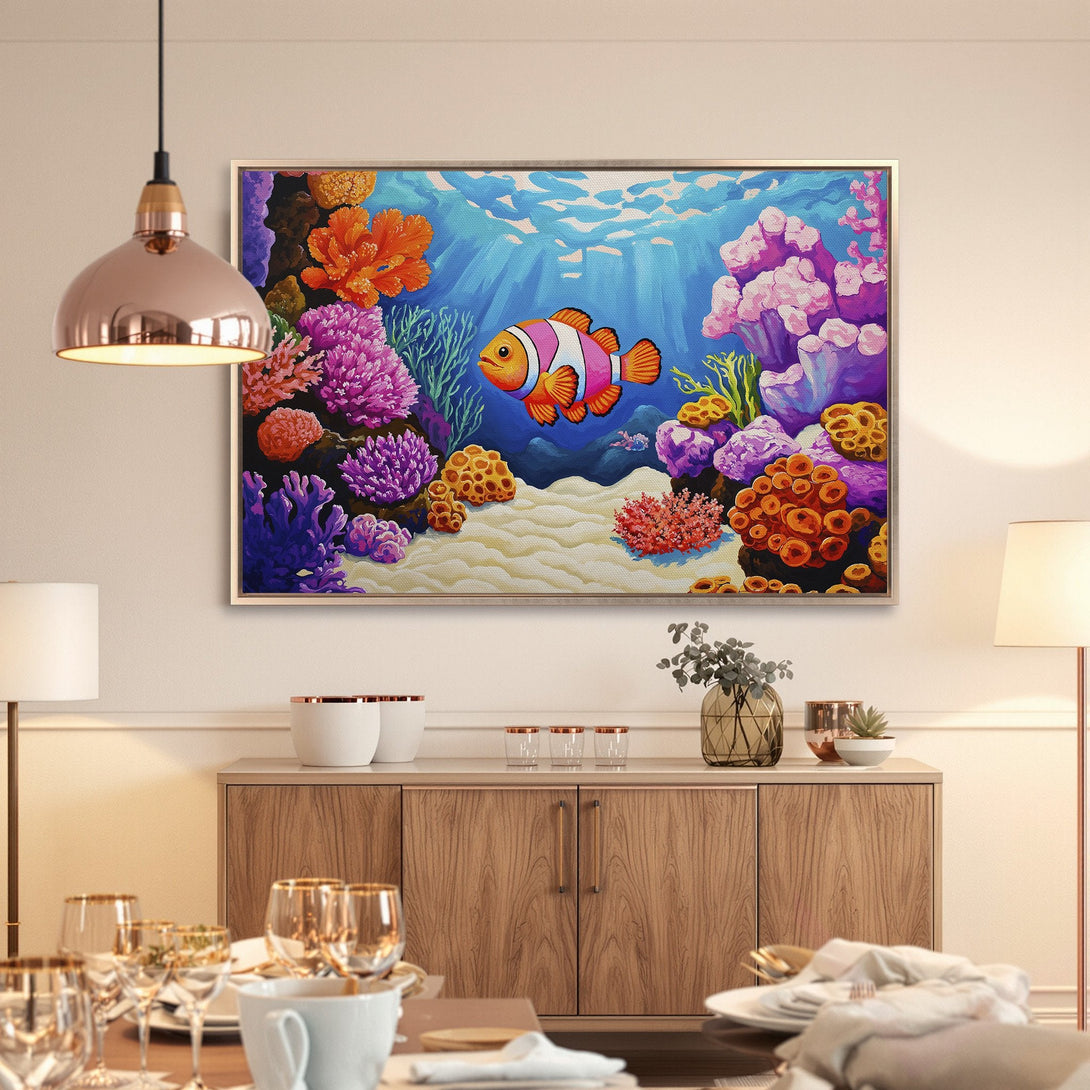 Framed Wall Art: Colorful underwater scene with clownfish. Vibrant blue, orange, and purple palette. Perfect for adding a pop of color to your home!