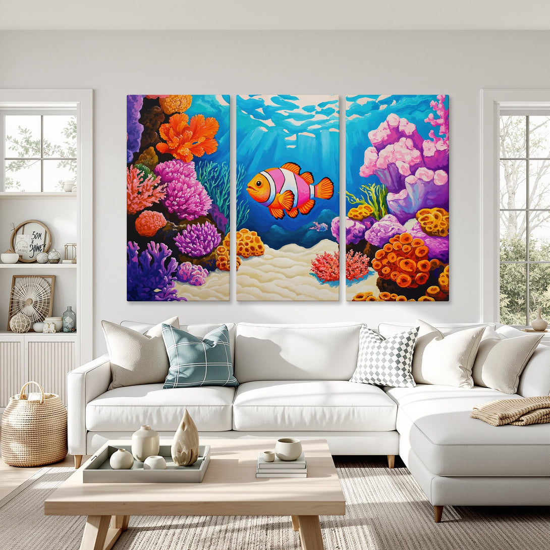 Canvas Print of a vibrant underwater scene with a clownfish. Colorful coral reef art in a modern, bright interior design.