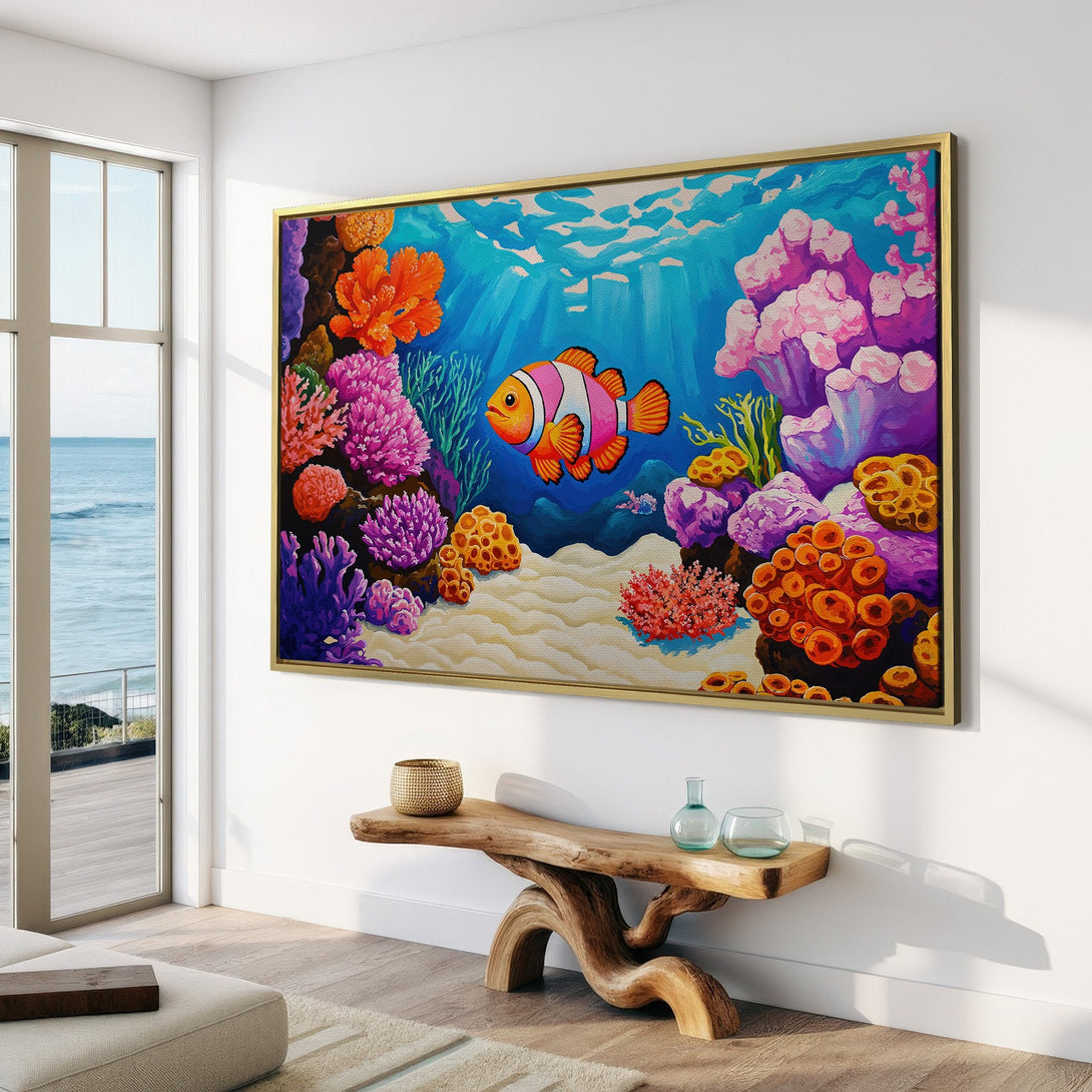 Canvas Print of a vibrant clownfish painting in a colorful coral reef scene. Perfect wall art for a coastal or tropical vibe.
