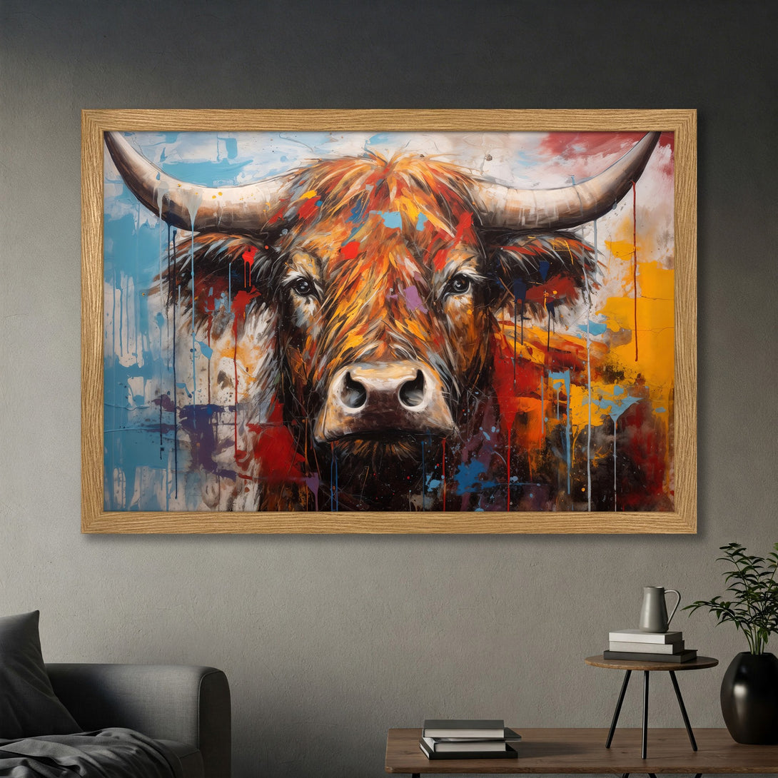 Framed Poster featuring a vibrant, abstract painting of a bull. Bold brushstrokes & a warm color palette create a stunning art piece. Perfect wall decor!
