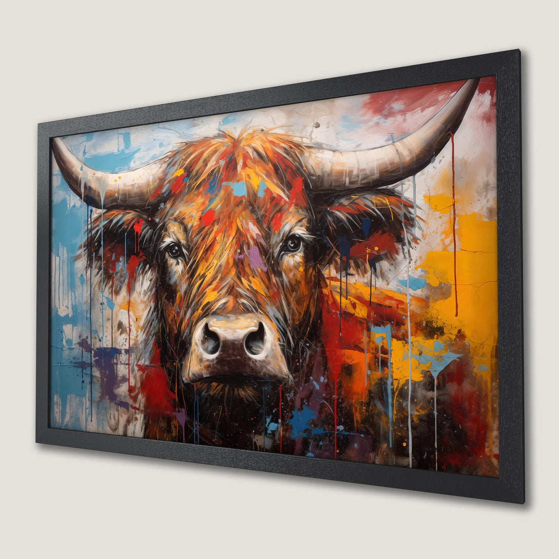 Framed Poster of a bull in vibrant, abstract style with a warm color palette of orange, red, and yellow. Add artistic flair to your space!