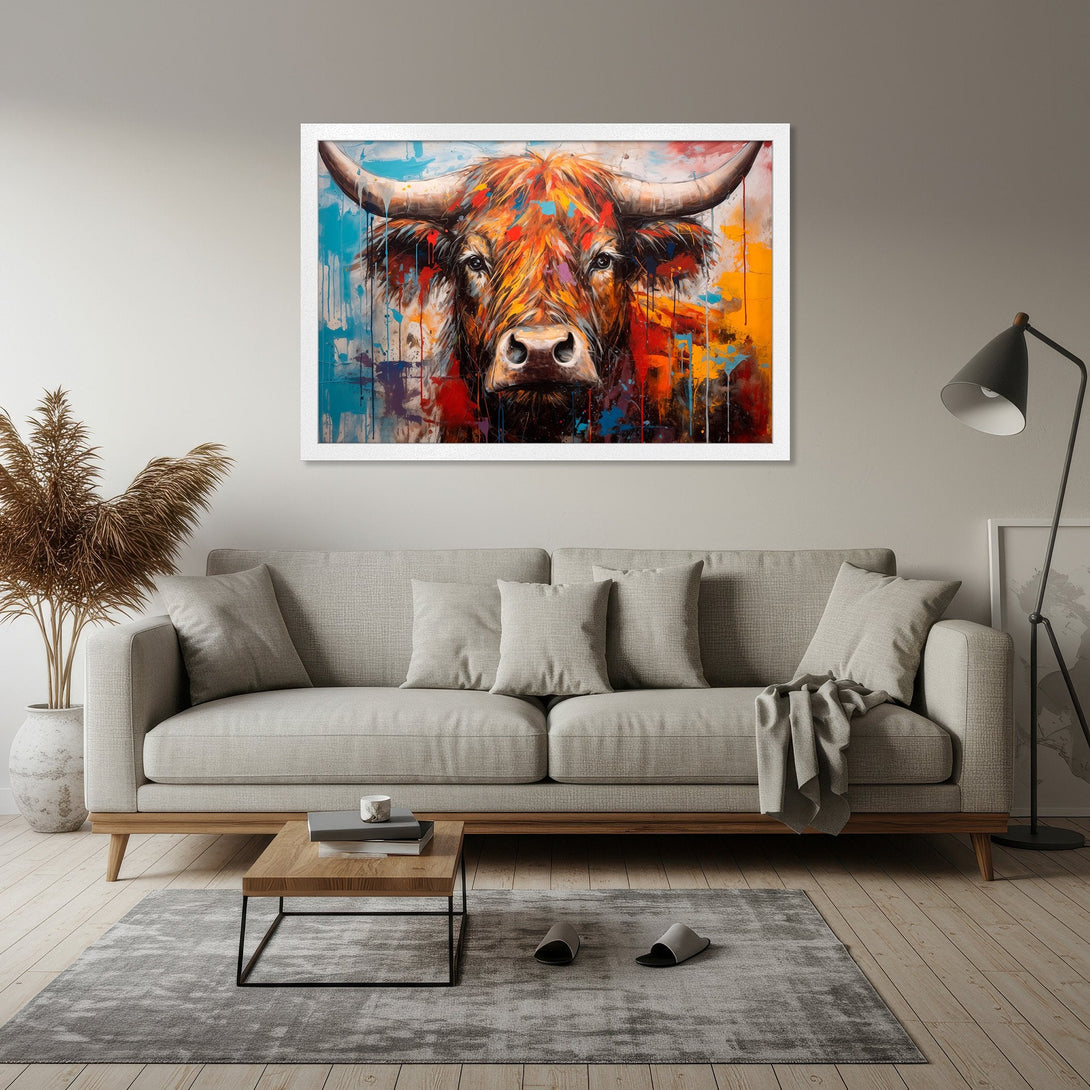 Framed Poster featuring a vibrant, abstract bull portrait. Bold colors of orange, blue, and yellow create a striking art piece. Perfect home decor!
