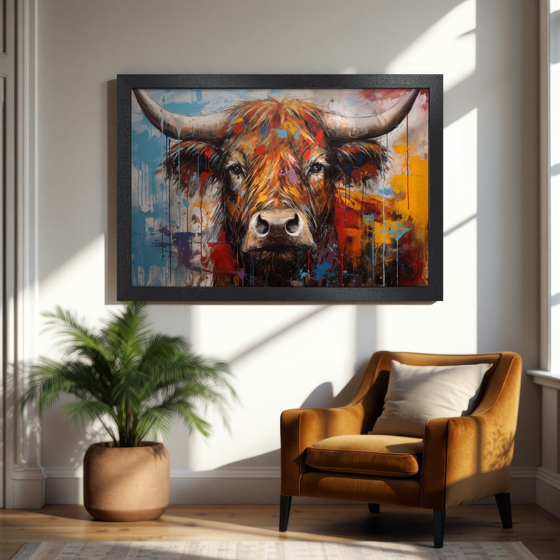 Framed Poster featuring a bold, abstract bull painting. Vibrant colors of orange, red, and blue create a striking statement piece.