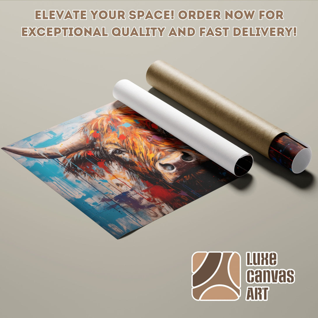 Poster Roll of Highland Cow art in vibrant colors. Modern style, perfect wall decor.