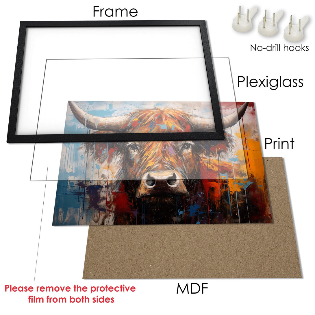 Framed Poster featuring a vibrant bull painting in a modern, colorful style. Perfect wall art for any space!