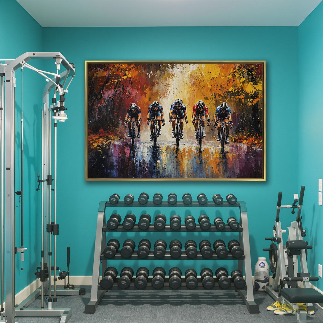 Canvas Print of cyclists racing, impressionistic style, vibrant autumn colors. Perfect wall art for your home or gym.