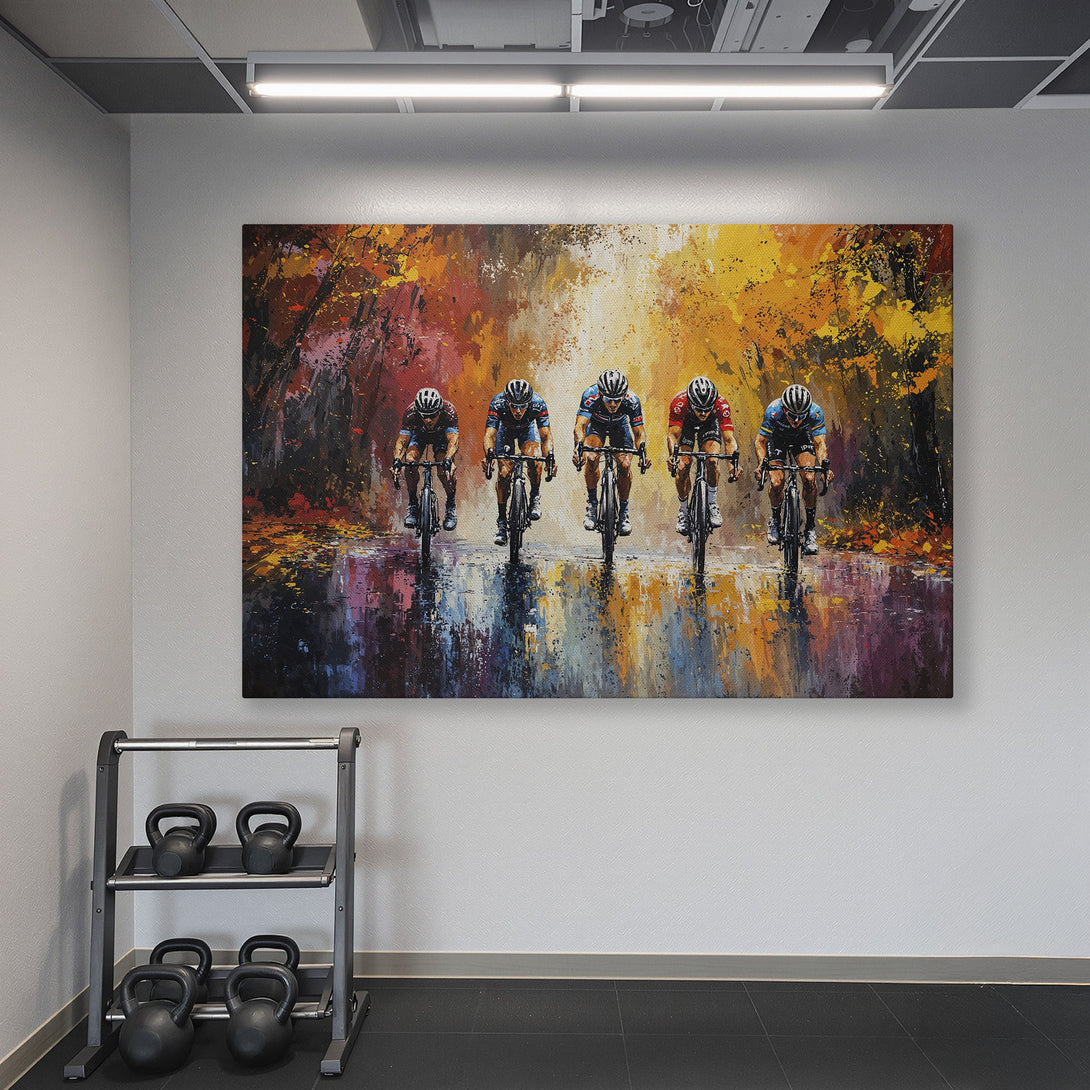 Framed Wall Art: Cyclists in action, vibrant abstract style with warm orange & yellow hues. Perfect for home gym decor!