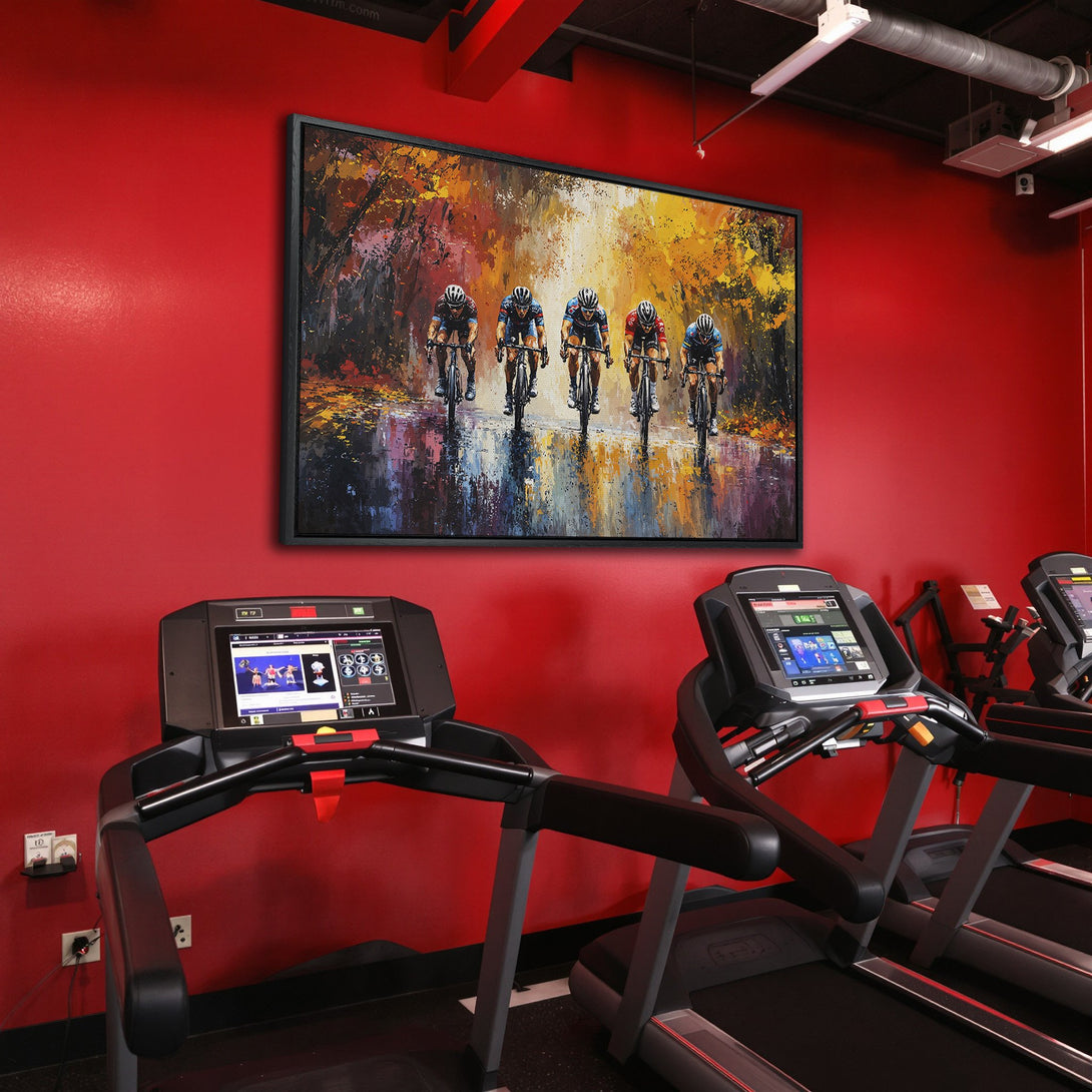 Framed Wall Art: Cyclists in action, impressionistic style, warm yellow & orange hues. Perfect for home or gym decor!