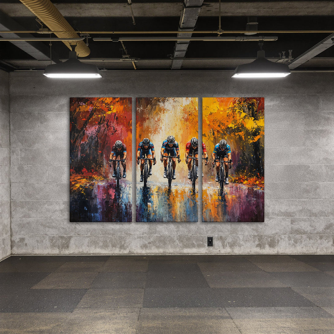 Canvas Print of cyclists racing, vibrant abstract style with warm orange and red tones, perfect wall art for any space.