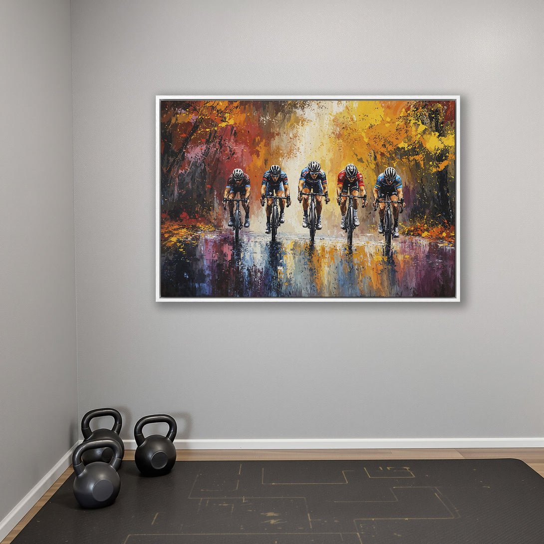 Framed Wall Art: Cyclists racing in vibrant, impressionistic style. Warm, autumnal color palette with yellows, oranges, and browns. Perfect for home decor!