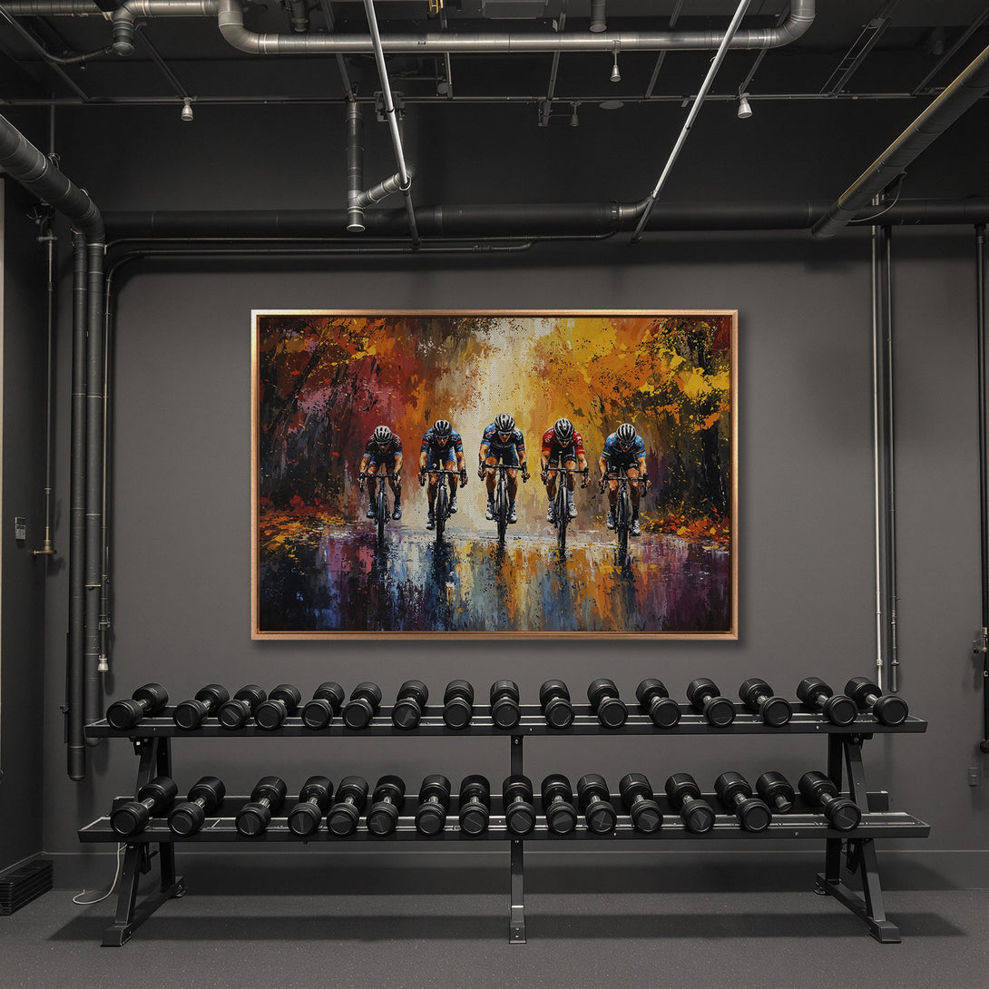 Framed Wall Art: Cyclists racing through a vibrant, impressionistic landscape. Warm autumn color palette. Perfect for adding energy to any space.