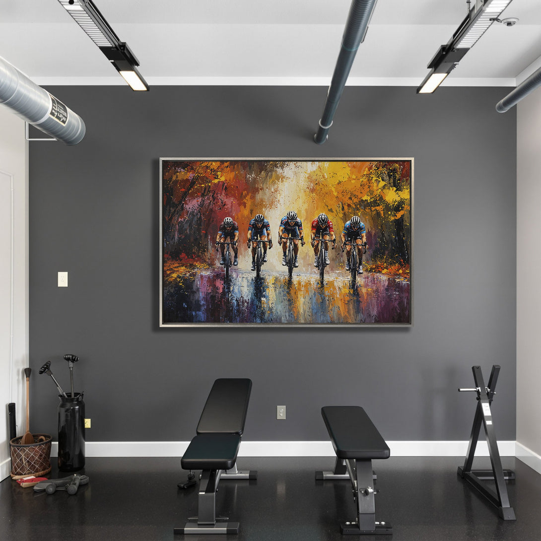 Framed Wall Art: Cyclists racing, impressionist style, warm orange & yellow tones. Perfect for gym or home decor.