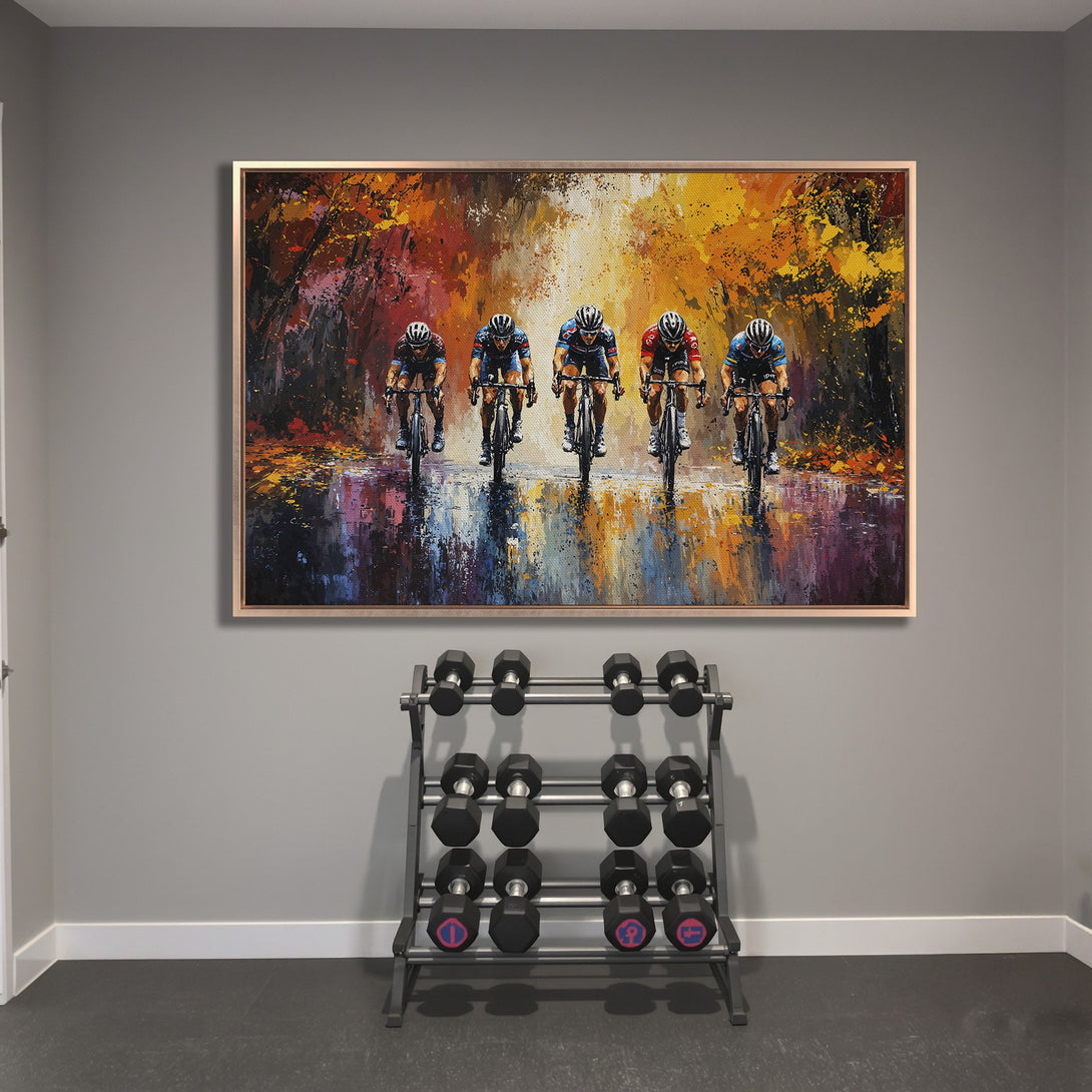Framed Wall Art: Cyclists racing in an abstract style with a vibrant, warm color palette. Perfect for adding energy to any space.