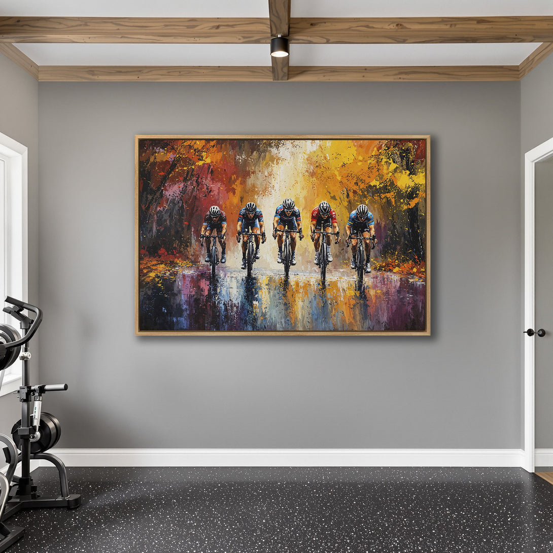 Framed Wall Art featuring cyclists in an impressionistic style with a vibrant autumn color palette. Elevate your space with this stunning canvas print!