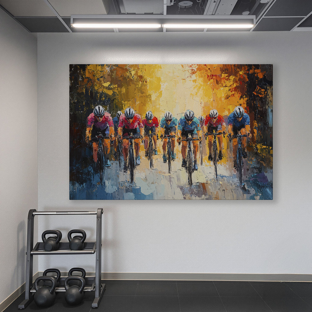 Framed Wall Art featuring cyclists in motion, vibrant abstract style with warm and cool tones. Perfect for home gym decor!